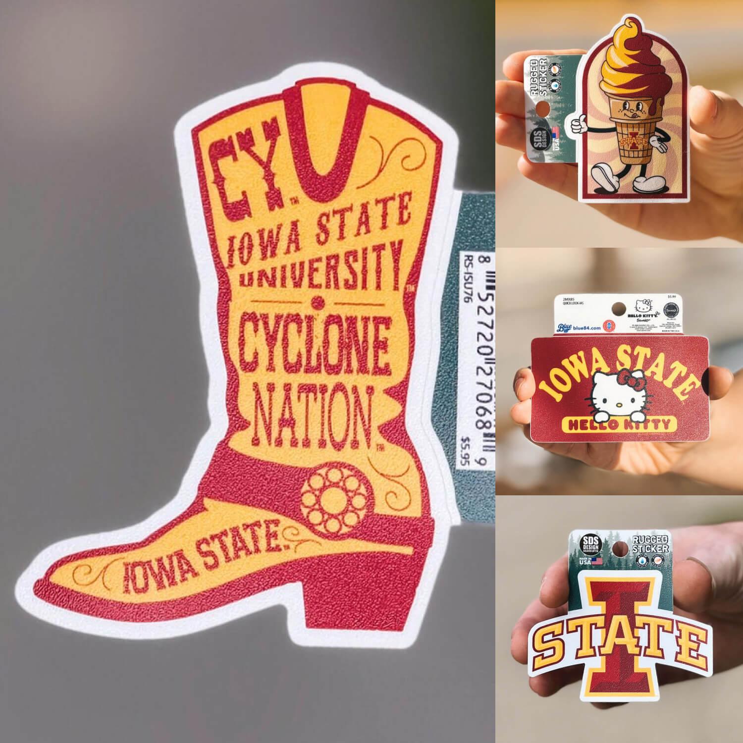 A collage showing iowa State decals and stickers